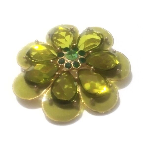 Gold Tone Green Enamel and Rhinestone Flower Brooch Pin - Picture 3 of 5